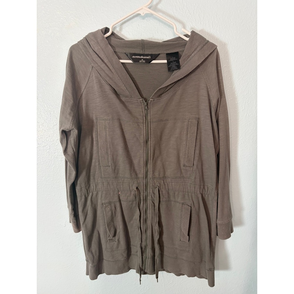 Norma Kamali Women Grey Slub Cotton Zip Drawstring Hoodie Jacket L Athleisure